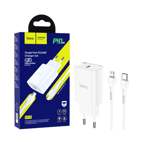 Carregador Hoco N14 Smart Charging PD20W com Cabo Tipo-C para Lightning 1M Branco